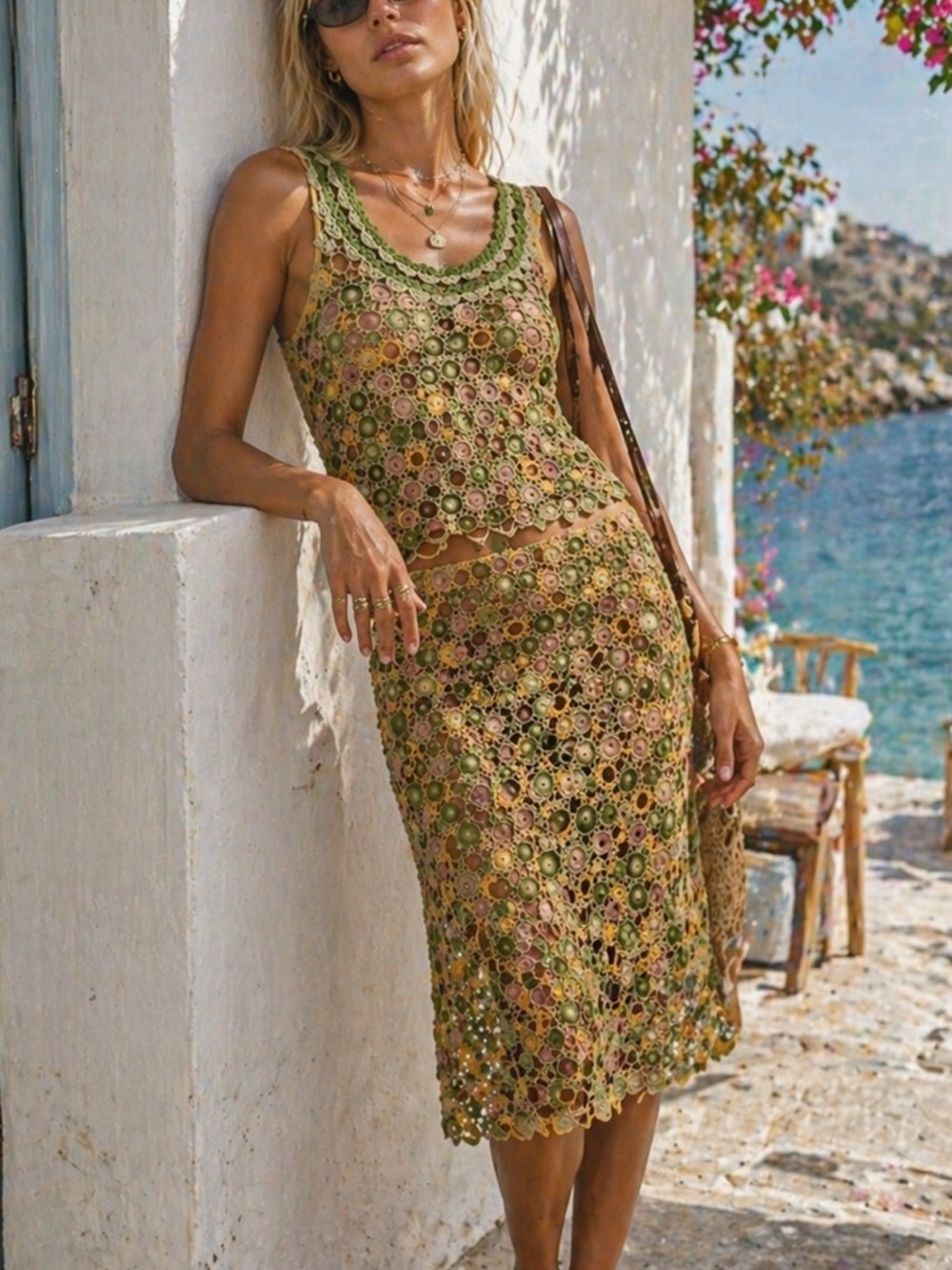 Cynthia Cynthia Steffe Crochet Skirt Green Floral 2pc Y2K Boho Festival Set S/M